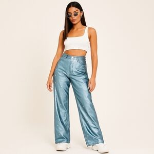 PrettyLittleThing Metallic Teal Wide Leg Jeans Size 6